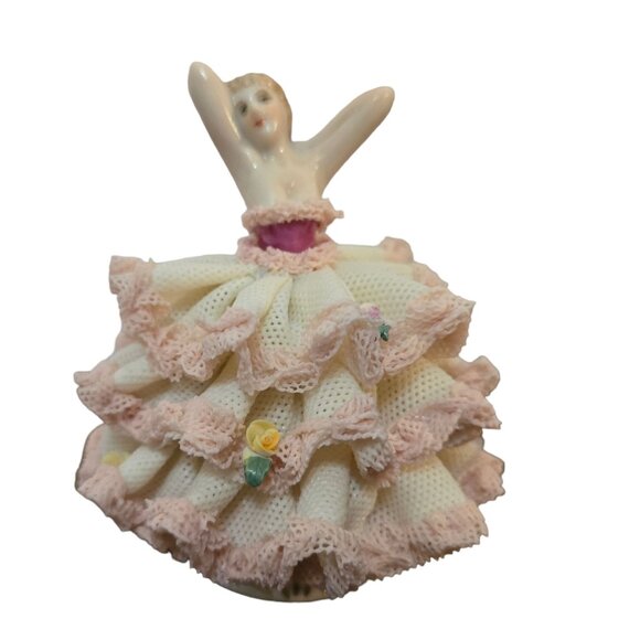 Antique Irish Dresden Porcelain Pink Lady Figurine Ireland MZ Lace Dress